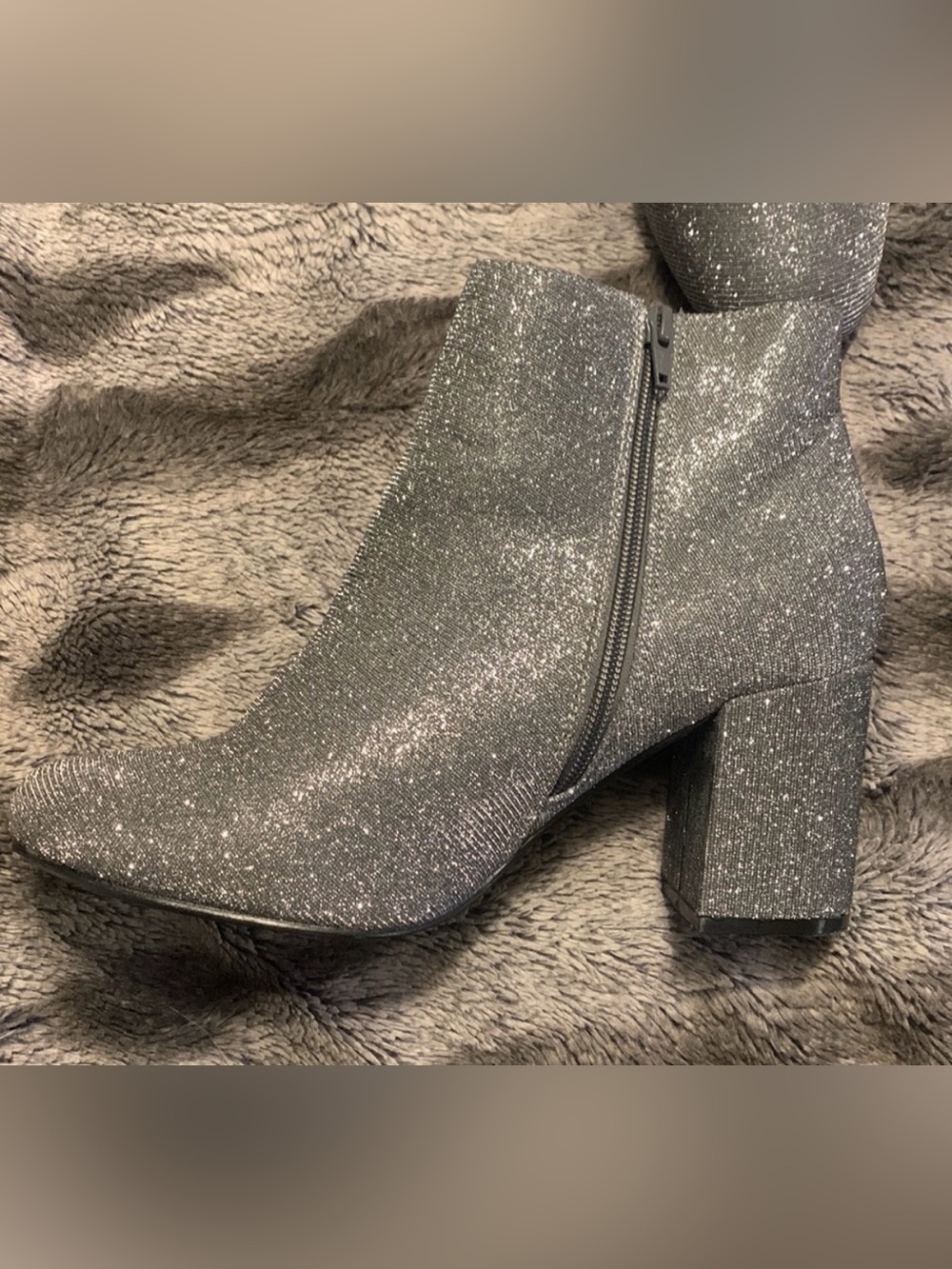 Ladies Silver Glitter Block Heel Ankle Boots